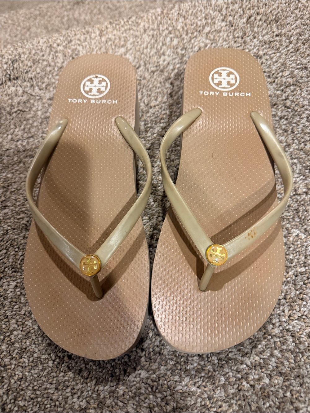 Tory Burch Taupe Flip Flop Sandals with Gold Logo